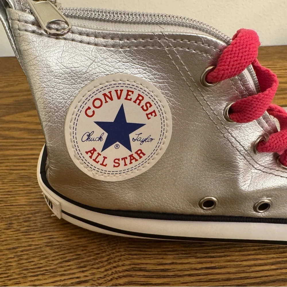 Converse Metallic Silver High-Top with Pink Accents shoe shaped pencil case. EUC